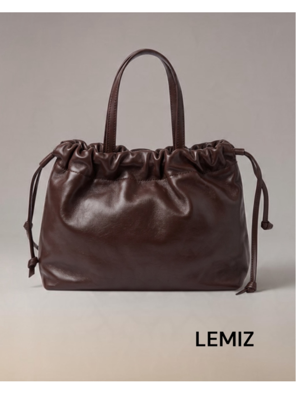 LEMIZ Brown Leather Drawstring Tote Shoulder Bag